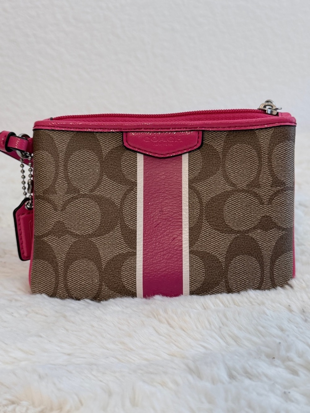 Coach Brown Signature Wristlet with Pink Stripe